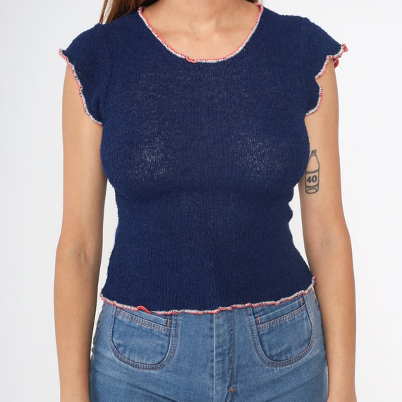 70s Knit Top Navy Blue Lettuce Edge Trim Boho Shirt H… Gem
