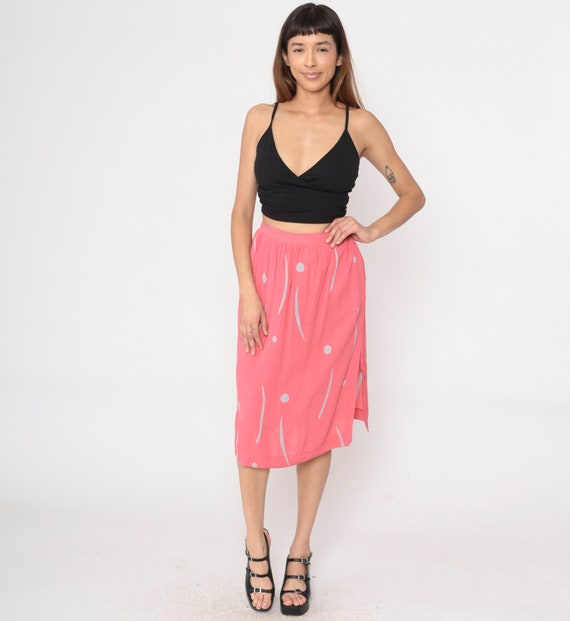 Pink 80s Skirt Macro Confetti Dot Line Print Midi Skirt Pocket Side Slit High Waisted Retro Secretary Skirt Vintage 1980s Extra Small xs