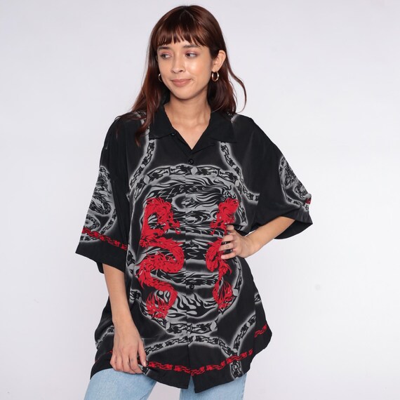 Y2K Dragon Shirt Black Red Chain Button Front Short Sleeve Top Vintage Streetwear Grunge Gothic Club Party Asian Streetwear Extra Large XL