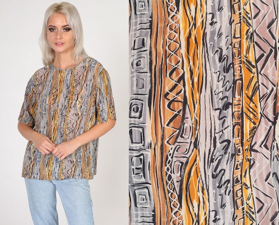 90s Silk Shirt Abstract Print Blouse Short Sleeve Top Geometric Geometric Striped Pattern Boho Yellow Orange Grey Black Vintage 1990s Medium