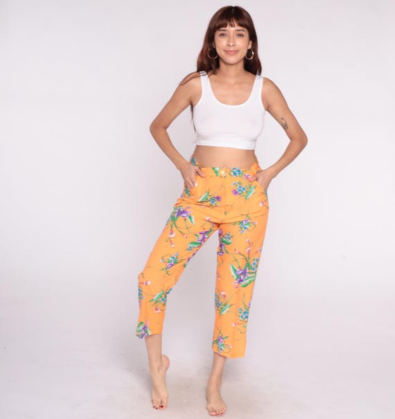 90s Floral Pants Orange Cropped Capri Waist High Rise Straight Leg Purple Blue Green Flower Print Summer Vacation Beach Resort Medium M
