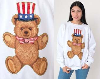 Patriotic Teddy Bear Sweatshirt 90s Glittery Uncle Sam Sweater American Flag Graphic Shirt Sparkly Pullover White Vintage 1990s Large L
