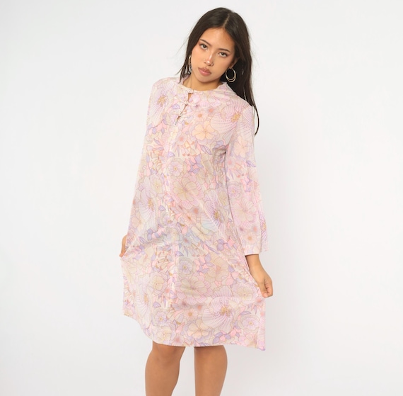70s Sheer Floral Robe Purple Pink Pastel Housecoat Long Sleeve Lounge Coat Lavender Fairycore Loungewear Nightgown Nightie Vintage Medium M