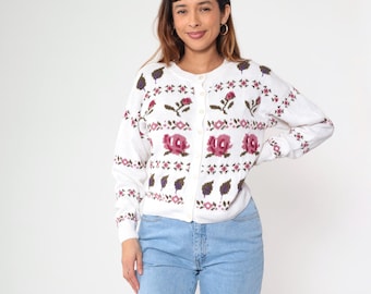 Vintage Floral Cardigan Sweater 90s White Embroidered Button Up Sweater Retro Boho Cottagecore Cozy Fall Boho Cotton Ramie 1990s Medium M