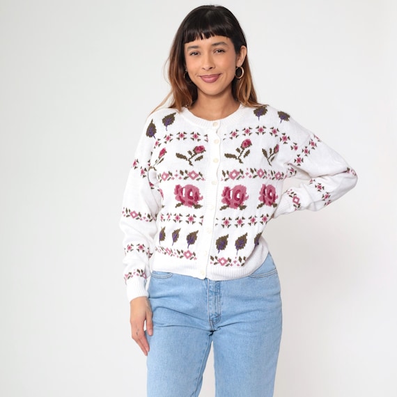 Vintage Floral Cardigan Sweater 90s White Embroidered Button Up Sweater Retro Boho Cottagecore Cozy Fall Boho Cotton Ramie 1990s Medium M