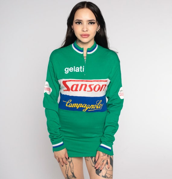 Vintage Campagnolo Cycling Jersey Sanson Gelati Bike Shirt 80s Striped Bicycle Retro Sports Green Pullover Zip Up 1980s Long sleeve Small