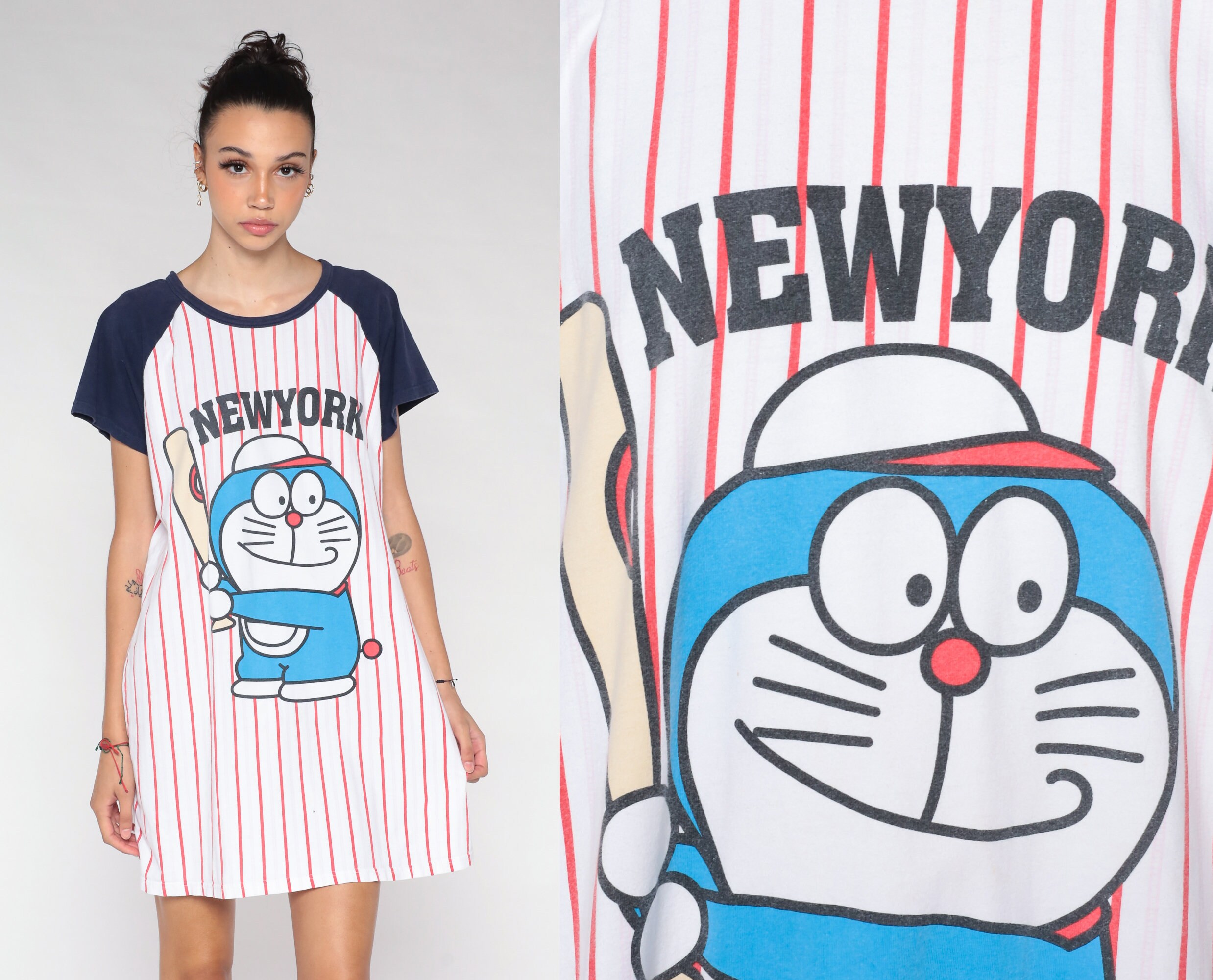 Doraemon TShirt Dress Y2K New York Manga Cartoon Pajama Dress Striped
