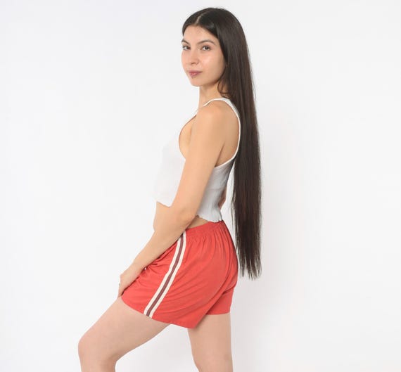 80s Red Running Shorts Cotton Side Stripe Athletic Track Short Elastic Sporty Gym Vintage White Terry Trim Workout Jogging Extra Small XS