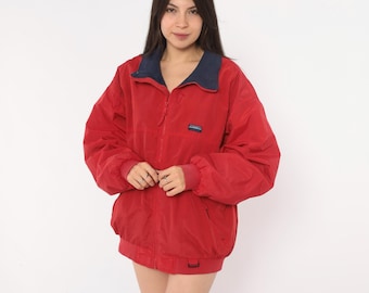 90s Red Bomber Jacket Navy Fleece Lined Full Zip Windbreaker Gorpcore Outdoor Hiking Camping Trail Ribbed Cuff Coat Winter Vintage Large L