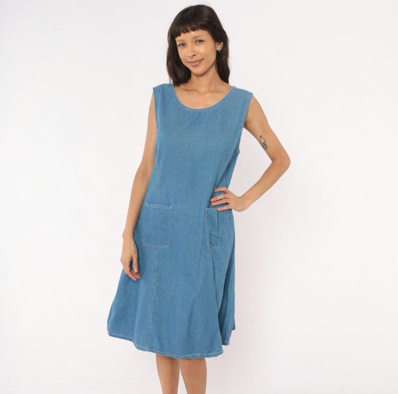 90s Denim Jumper Dress Sleeveless Scoop Neck Cotton Shift Blue Jean Patch Pocket Pullover Minimalist Casual Summer Chambray Vintage Large L