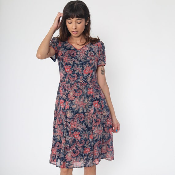Mod Floral Dress Navy Puff Sleeve Dress 70s Mini … - image 4