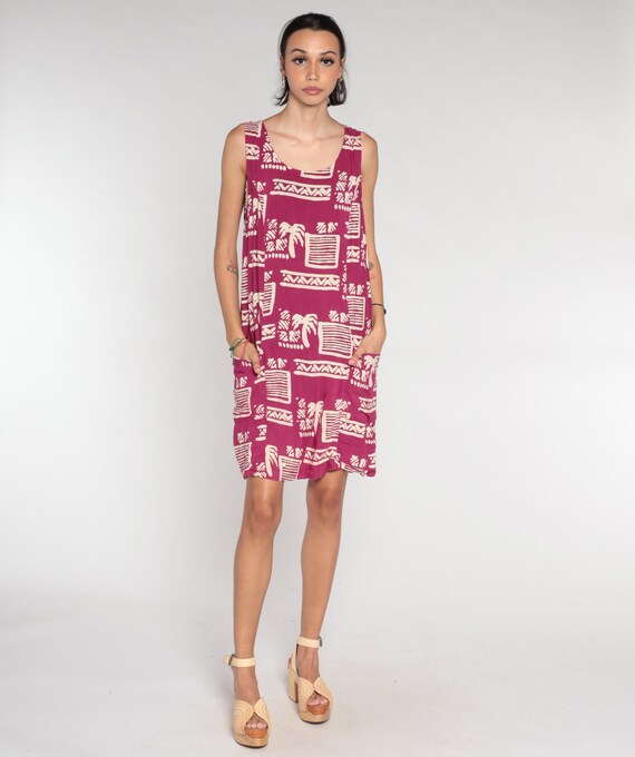 Tropical Mini Dress 90s Dark Pink Day Dress Geome… - image 2