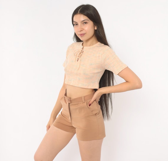 Tan Tailored Shorts High Waist Button Front  Camel Trouser Style Sand Beige Khaki Vintage Preppy Collegiate Academic Summer Bottoms Small S