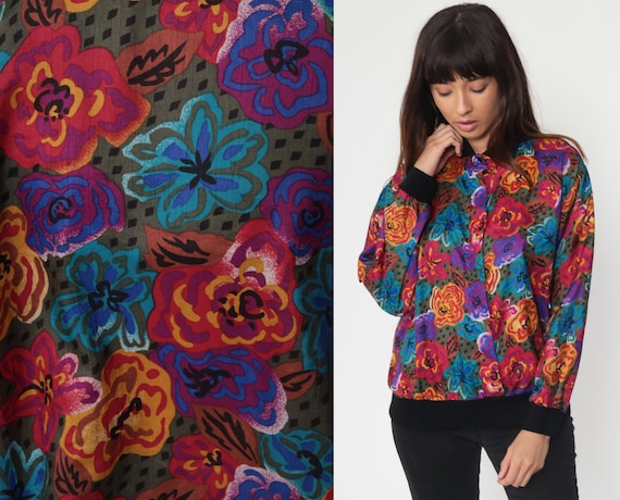 70s Bird Shirt Brown Boho Shirt Bohemian Top Swallow Shirt Geometric Novelty Print Button Up 1970s Hippie Long Sleeve Vintage Medium