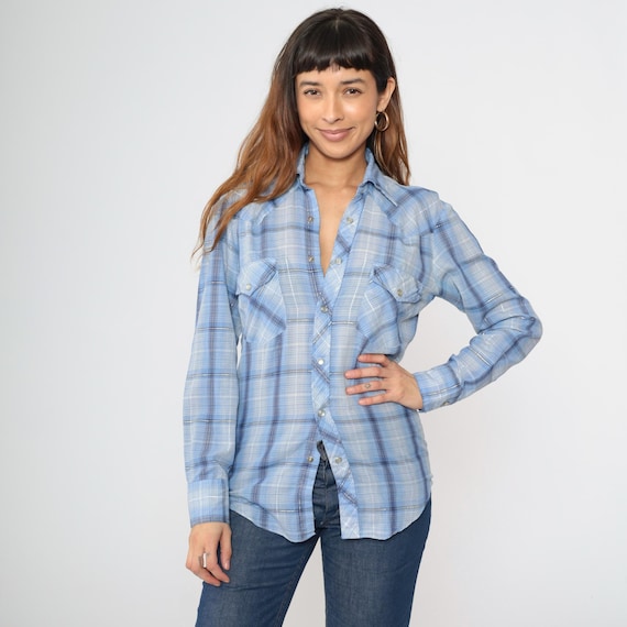 70s Metallic Western Shirt Vintage Pearl Snap Shirt Blue Plaid Top 1970s Checkered Cowboy Shirt Button Up Long Sleeve Men's Small S