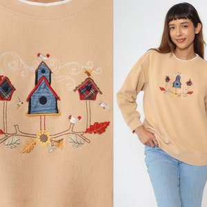 Birdhouse Sweatshirt 90s Bird Sweater Tan Autumn Flower Graphic Crewneck Kawaii Cute Grandma Beige Vintage 1990s Large L