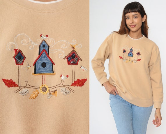 Birdhouse Sweatshirt 90s Bird Sweater Tan Autumn Flower Graphic Crewneck Kawaii Cute Grandma Beige Vintage 1990s Large L Etsy