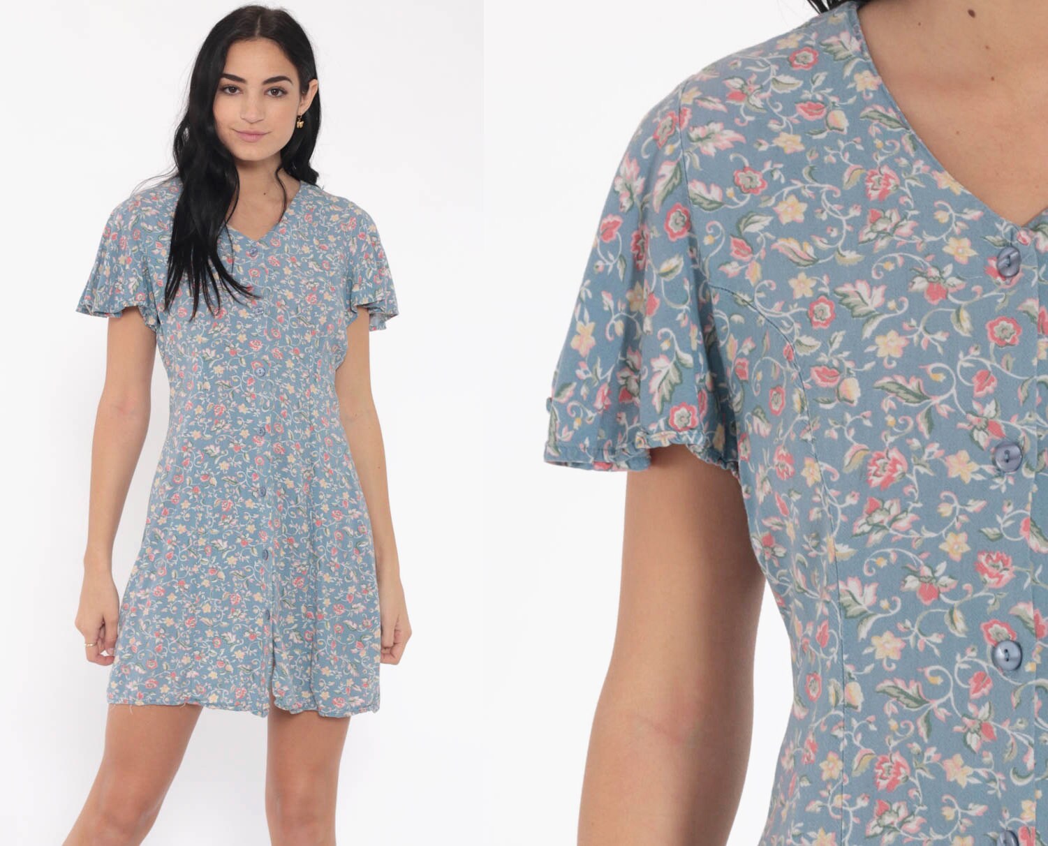 Blue Floral Dress Grunge Mini 90s Flower Print Flutter Sleeve Button Up