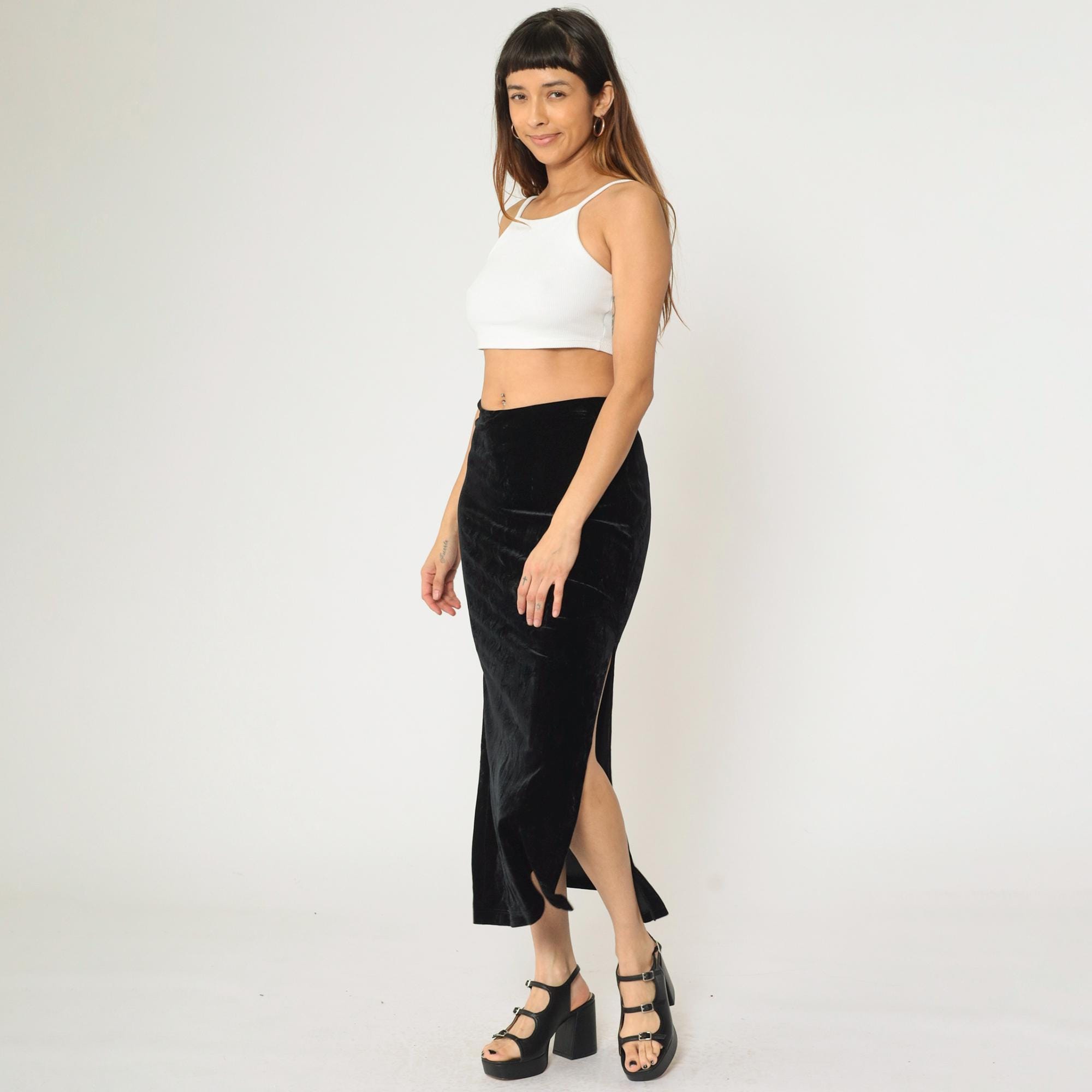 Vintage Black Velvet Skirt 90s Side Slit Long Maxi Skirt