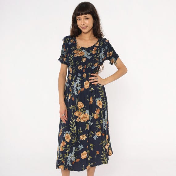 90s Floral Midi Dress Dark Blue Cottagecore Empire Waist Rose Print Crinkle Texture Fairycore Prairie Romantic Summer Garden Party Large L