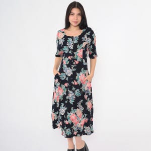 Vintage Black Floral Dress 90s Midi Dress Button Up Day Dress Scoop Neck Short Sleeve Retro Grunge Hippie Summer Casual 1990s Small S