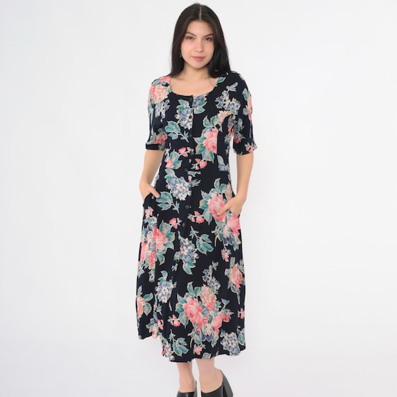 Vintage Black Floral Dress 90s Midi Dress Button Up Day Dress Scoop Neck Short Sleeve Retro Grunge Hippie Summer Casual 1990s Small S