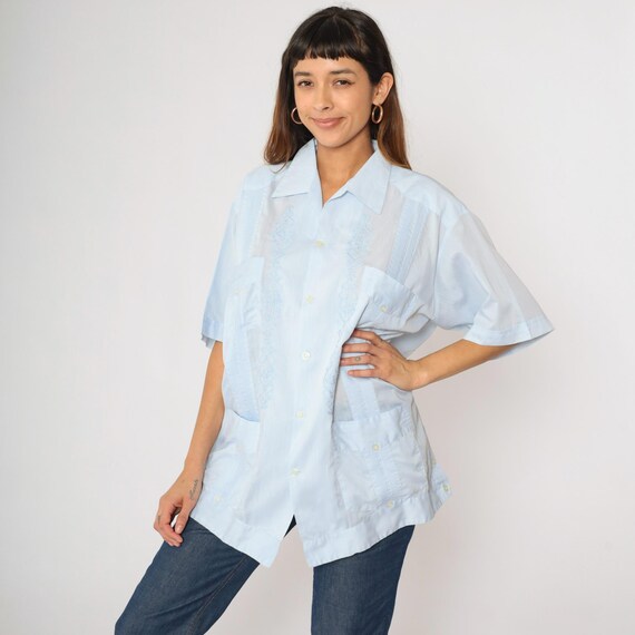 80s Mexican Guayabera Shirt Baby Blue Embroidered Heart Pastel Pintuck Button Up Shirt Vintage Collared 1980s Retro Short Sleeve Large 44