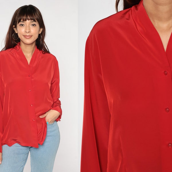 Red Blouse 80s Button up Shirt Pendleton Top Plain Simple V Neck Collarless Long Sleeve Shirt Retro Minimalist Basic Vintage 1980s Medium M