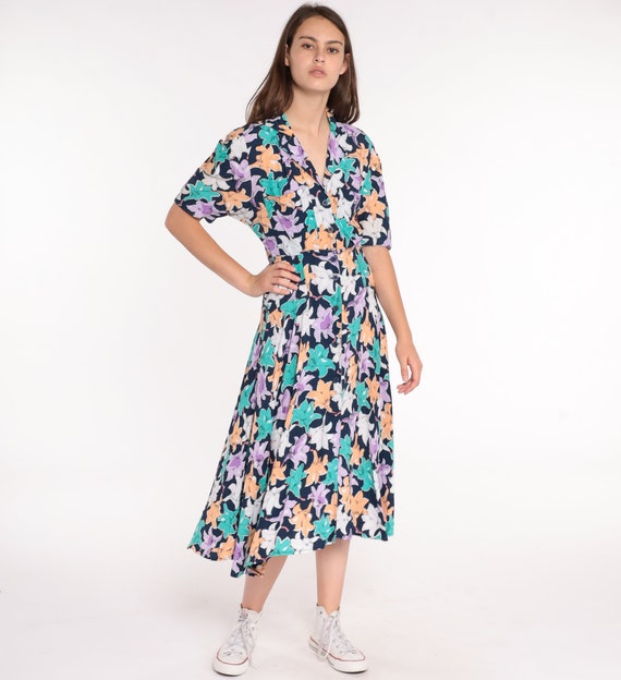 80s Floral Dress Midi Dress Bohemian Button Up Summer Dress 80s Vintage Blue Shirtdress Boho High Waisted 1980s Short Sleeve Dress Small 4