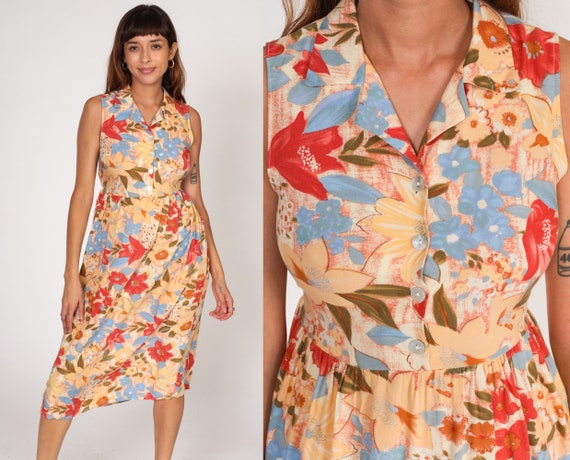 90s Floral Dress Sundress Shirtdress Sun 1990s Button Up Midi Dress Vintage High Waist Summer Boho Sleeveless Red Yellow Blue Small S