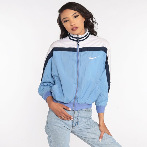 Blue Nike Windbreaker Jacket 90s Baby Blue Nylon Shell Zip Jacket Striped Streetwear Warmup Vintage 1990s Retro Sports Women's Medium