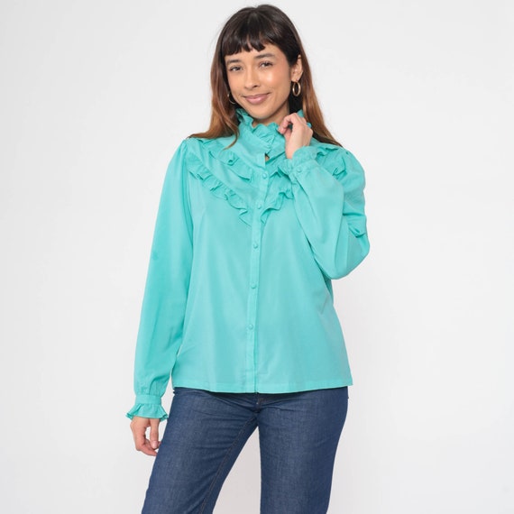 Turquoise Ruffled Blouse 70s Puff Sleeve Shirt Bu… - image 2