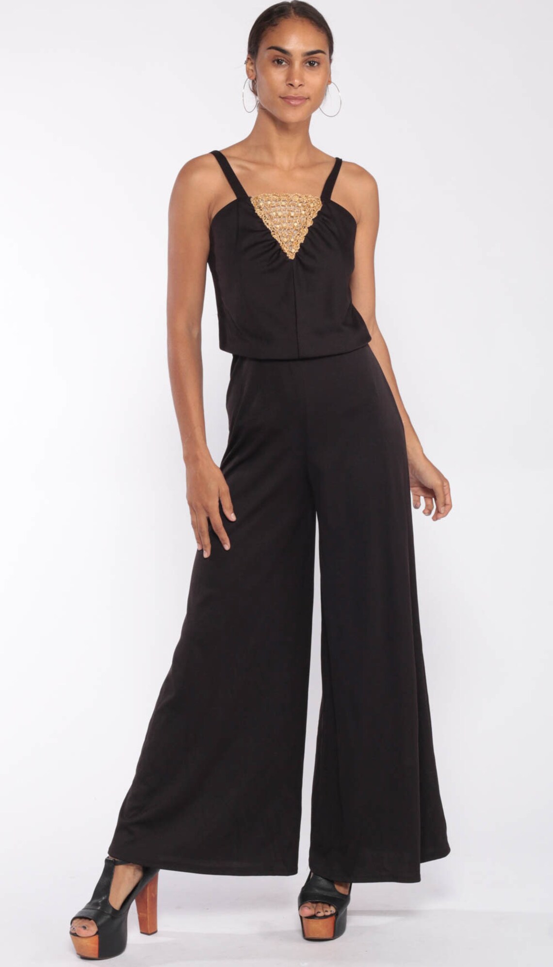Black Bell Bottom Jumpsuit 70s Boho Jumpsuit Wide Leg Romper Etsy