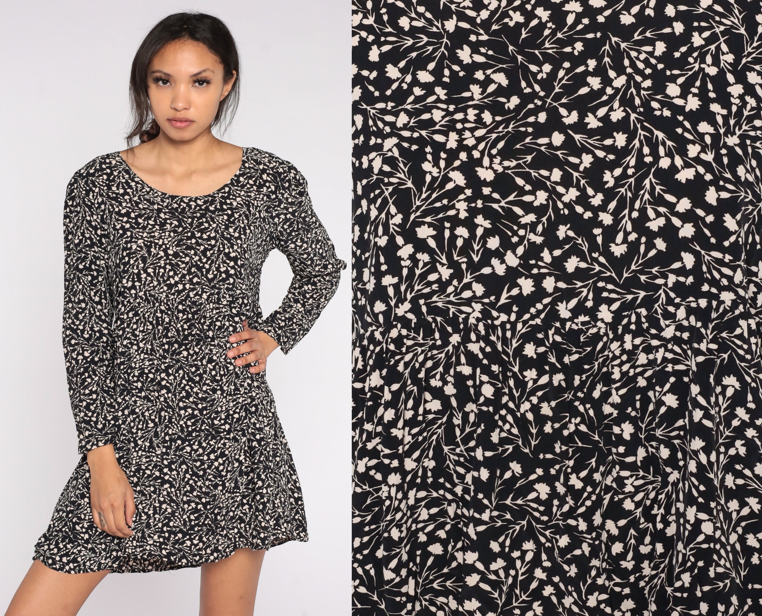 Floral Babydoll Dress 90s Mini Black Rayon Dress Grunge EMPIRE Waist