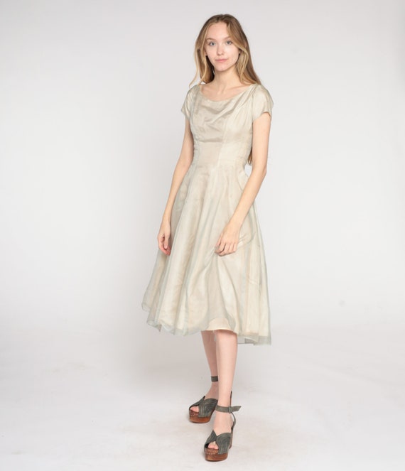 50s Party Dress Taupe Organza Cocktail Dress Full… - image 2