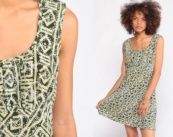 90s Babydoll Dress Grunge Mini TRIBAL Print Bohemian 1990s Vintage Boho Dress Geometric Empire Waist Sleeveless Green Small