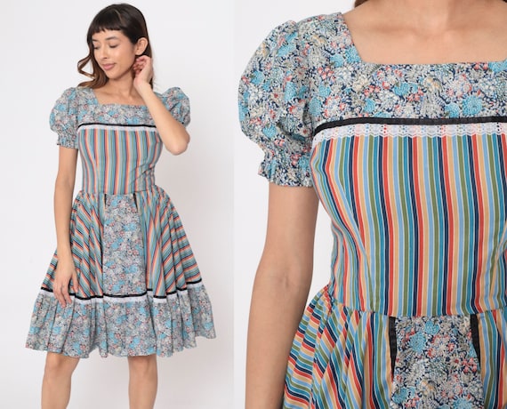 80s Western Dress Floral Rainbow Striped Puff Sleeve Dress Country Square Dance High Waist Midi Dress Boho Vintage 1980s Extra Small xs