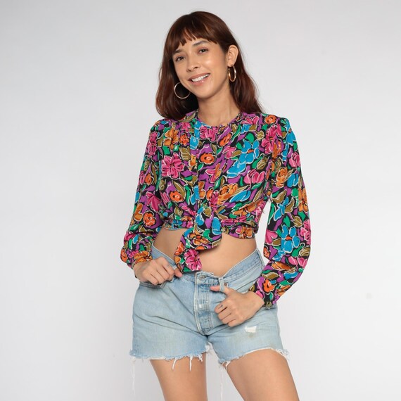 Silk Blouse Floral Print 90s Long Sleeve Jewel Neckline Gathered Pleats Pink Orange Blue Green Black Multicolor Relaxed Fit Vintage Small S