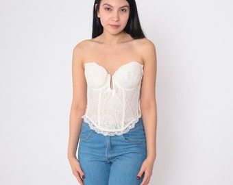 Corpete de renda branca Top 36B 90s Floral Bustier Lingerie Sutiã desossado Sem alças Com aro Cropped Decote coração Vintage 1990s Pequeno 36 B