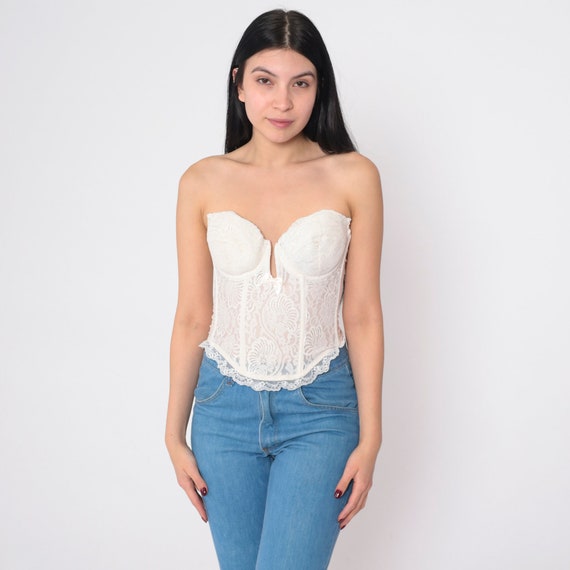 White Lace Corset Top 36B 90s Floral Bustier Lingerie Bra Boned Strapless Underwire Cropped Sweetheart Neckline Vintage 1990s Small 36 B