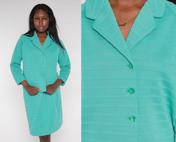 60s Two Piece Set Jacket and Skirt Turquoise Green Suit Dress