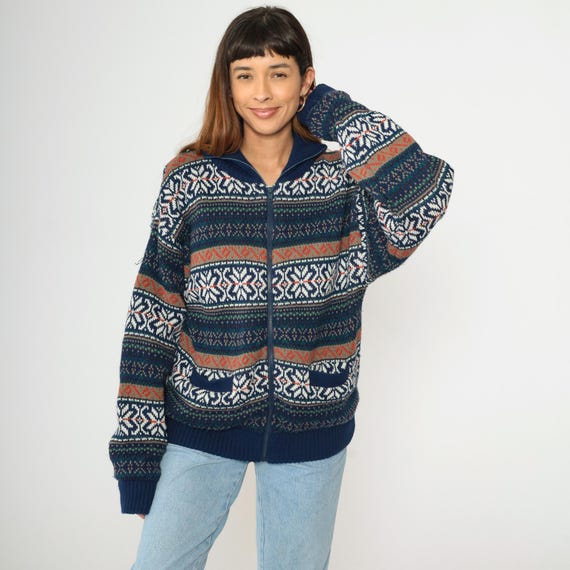 Y2K Fair Isle Cardigan Sweater Vintage Navy Blue Nordic Striped Knit Zip Up Sweater 00s Warm Winter Jacket Large L