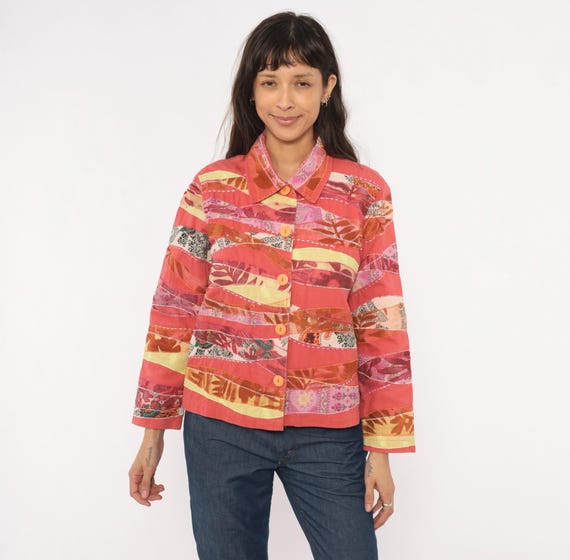 Patchwork Applique Jacket Coldwater Creek Coral Pink Collared Coat Quilted Paisley Floral Embroidered Mixed Print Women Petite Large LP