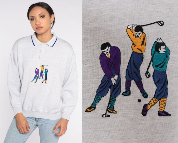 Golfer Sweatshirt 80s Embroidered Collared Sweatshirt Heather Grey Button Up Golf Sweater Slouchy Pullover Henley Vintage 1980s Mens Small