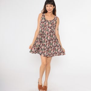 Vintage Floral Babydoll Dress 90s Mini Dress Black Pink Flower Print Empire Waist Pleated Sleeveless Retro Summer Sun Dress 1990s Small