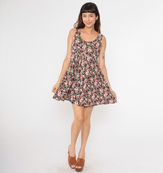 Vintage Floral Babydoll Dress 90s Mini Dress Black Pink Flower Print Empire Waist Pleated Sleeveless Retro Summer Sun Dress 1990s Small