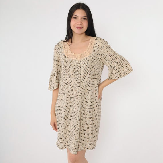 Vintage Boho Mini Dress Beige Lace Square Neck Bell Sleeve Y2K Geometric Square Confetti Print High Waist Button Up Minidress Medium M