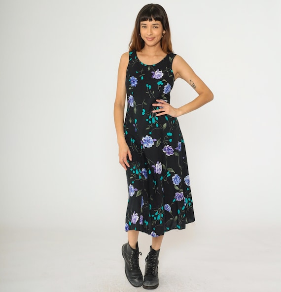 90s Black Floral Dress A-Line Midi Summer Dress Sundress Boho Garden Print Ankle Length 1990s Princess Seam Sleeveless Vintage Small Petite
