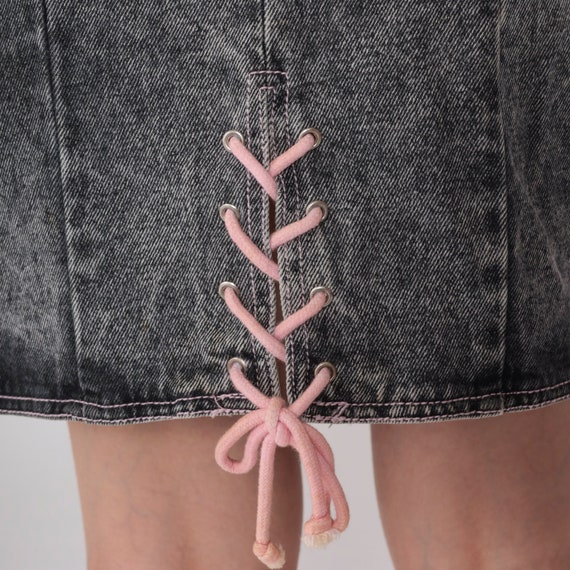 80s Acid Wash Jean Skirt Grey Lace Up Denim Mini … - image 7