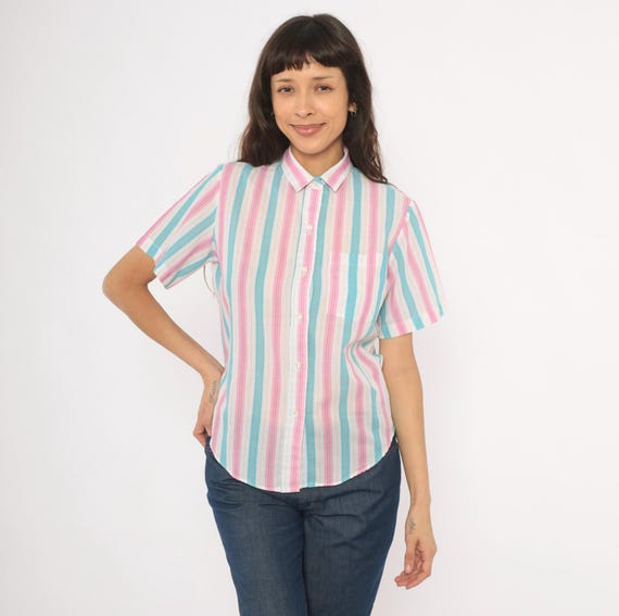 80s Candy Stripe Sheer Button Front Blouse Pink Sky Blue White Short Sleeve Collared Shirt Summer Top Pastel Striped Preppy Vintage Large L